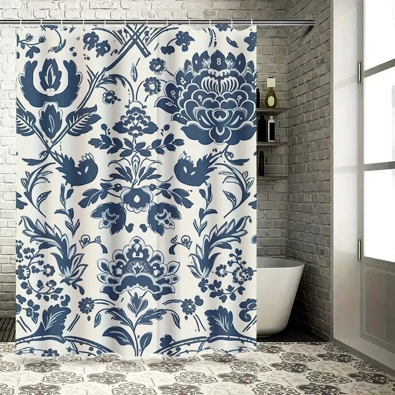 Elegant Blue and White Watercolor Floral Design Waterproof Shower Curtain – Perfect for Adding a Serene Touch to Your