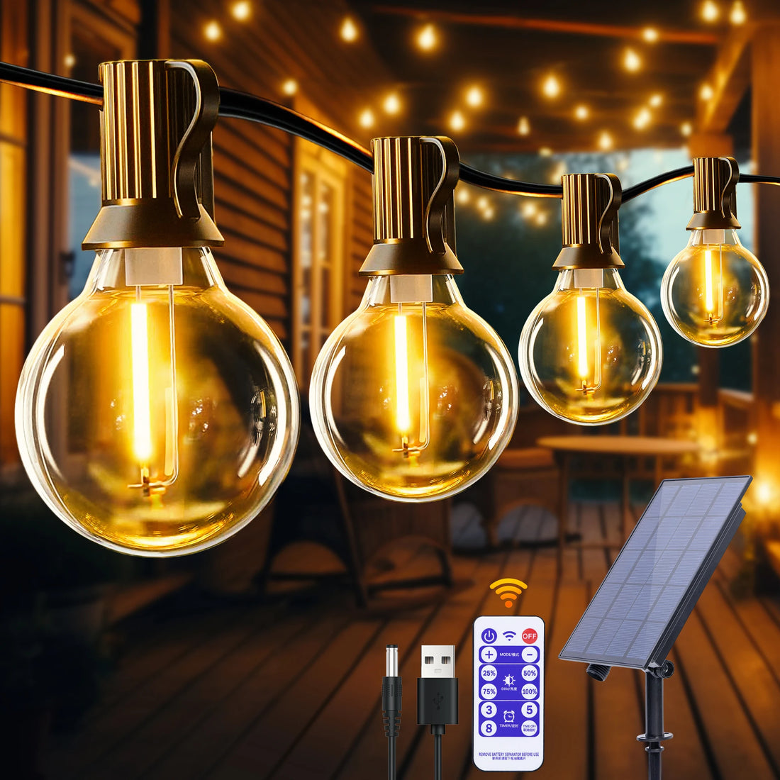 Solar Led String Lights Outdoor G40, with Shatter and Weatherproof Bulbs
