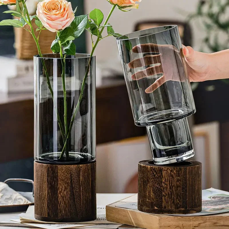Simple European  Wood Base Transparent Glass Vase